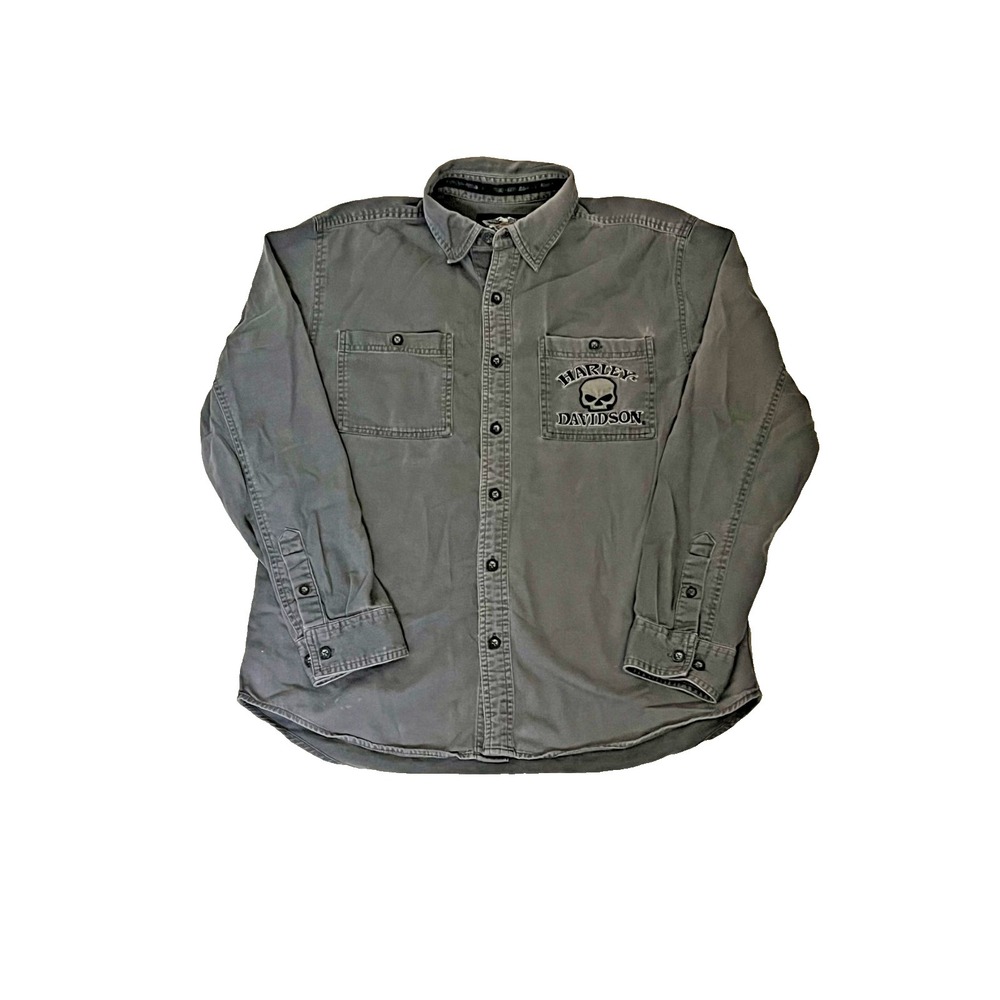 Harley Davidson Button Up Men L Gray Skull Applique Motorcycle Shirt Grunge